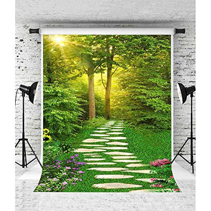 5x7ft Spring Scenery Backdrop Forest Path Sunshine Flower Photography Background Natural Scenery Photo Shoot Props Portrait Pet Photo Photography Backdrop BJLXVV171 - size: 5x7ft