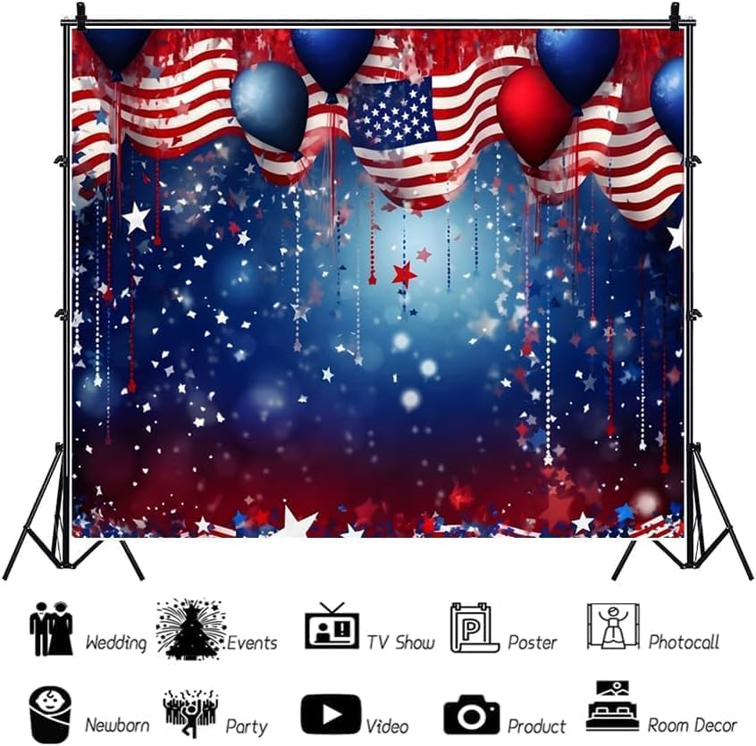 4th of July Backdrop Patriotic Backdrop American Flag Independence Day Veteran Day Banner Favors Red White Blue Stars Balloons Bokeh Photo Background Studio Props 5x3ft - color: Deep Blue, size: 5x3ft
