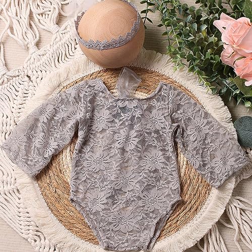 Baby Photography Props Outfit Lace Rompers Newborn Girl Photo Shoot Outfits Flower Headband Princess Costume - color: Grey C