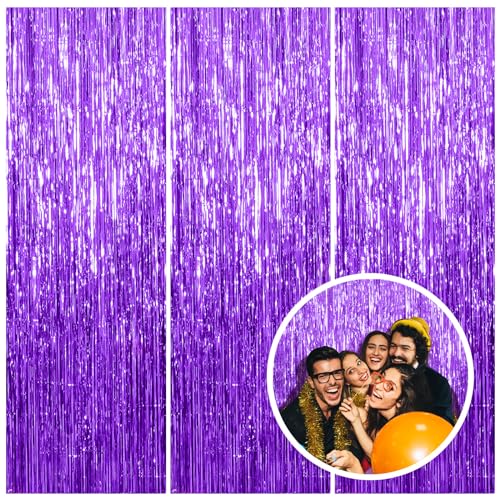 3 Pack Purple Streamers Backdrop Curtain Halloween Party Decorations Purple Tinsel Foil Fringe Backdrop Birthday Graduation Bachelorette Christmas New Year Themed Party Decorations - color: Purple