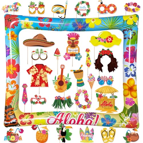 Hawaiian Photo Booth Props & Inflatable Frame, 30Pcs Luau Photobooth Props with Large Inflatable Inflatable Selfie Picture Frame for Summer Tropical Aloha Luau Party Selfie Supplies - color: Hawaii