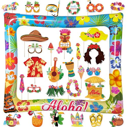 Hawaiian Photo Booth Props & Inflatable Frame, 30Pcs Luau Photobooth Props with Large Inflatable Inflatable Selfie Picture Frame for Summer Tropical Aloha Luau Party Selfie Supplies - color: Hawaii
