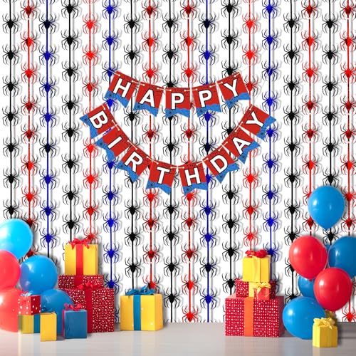 OQOQ Spider Birthday Decorations, 1 Set Banner & 2 Pcs Red Black Blue Spider Tinsel Foil Fringe Curtains Backdrops (3.3x6.6 ft), Large Birthday Photo Booth Props Indoor Party Boy Room Decor - color: Black Blue Red