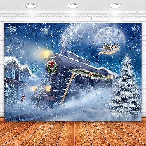 Avezano Christmas Train Backdrop Snow Night Christmas Polar Express Backdrop Moon Santa Claus Railway Photography Background Xmas Day Party Banner Decoration (7x5ft, 83x59inch) - size: 7x5ft, 82x59inch