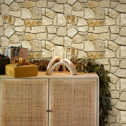 COMSTICKC 3D Faux Stone Wall Panels Peel and Stick, 12 Pcs 22.8" x 11.8", DIY UrltraLight PVC Fake Stone Textured Self Adhesive Wall Panels for Kitchen, Living Room Background, Covers 22.48 sq.ft - color: Brown Stone