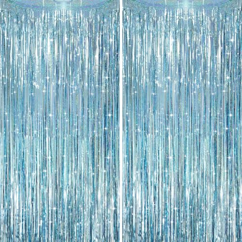 Voircoloria 2 Pack Laser Light Blue Foil Fringe Curtains, Tinsel Streamers Birthday Party Decorations, Fringe Backdrop for Kids Birthday, Sea, Blue Theme Party - color: 40 Laser Light Blue