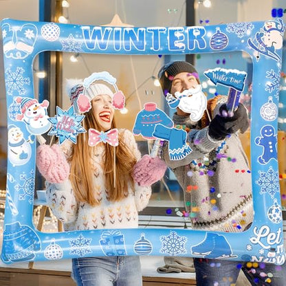 Winter Photo Booth Props Inflatable Frame, 30Pcs Winter Wonderland Photo Props with Inflatable Picture Frame Large for Frozen Holiday Party Selfie Supplies - color: Winter
