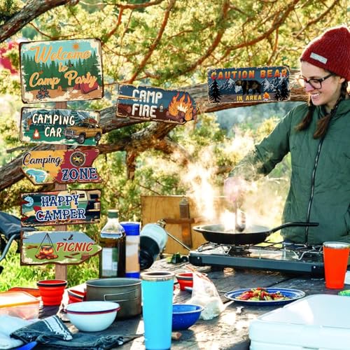 Hooqict 20 Pieces Camping Party Decorations Camping Themed Party Directional Signs for Summer Camp Day Classroom Welcome to Camp Birthday Decor Picnic Yard Sign - style: Camp
