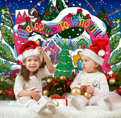 Welcome to Whoville Backdrop 5x3FT Winter Christmas Village Decoration Background for Kids First Birthday Baby Shower Happy New Year Xmas Holiday Party Supplies Photo Booth Props - size: 5x3FT