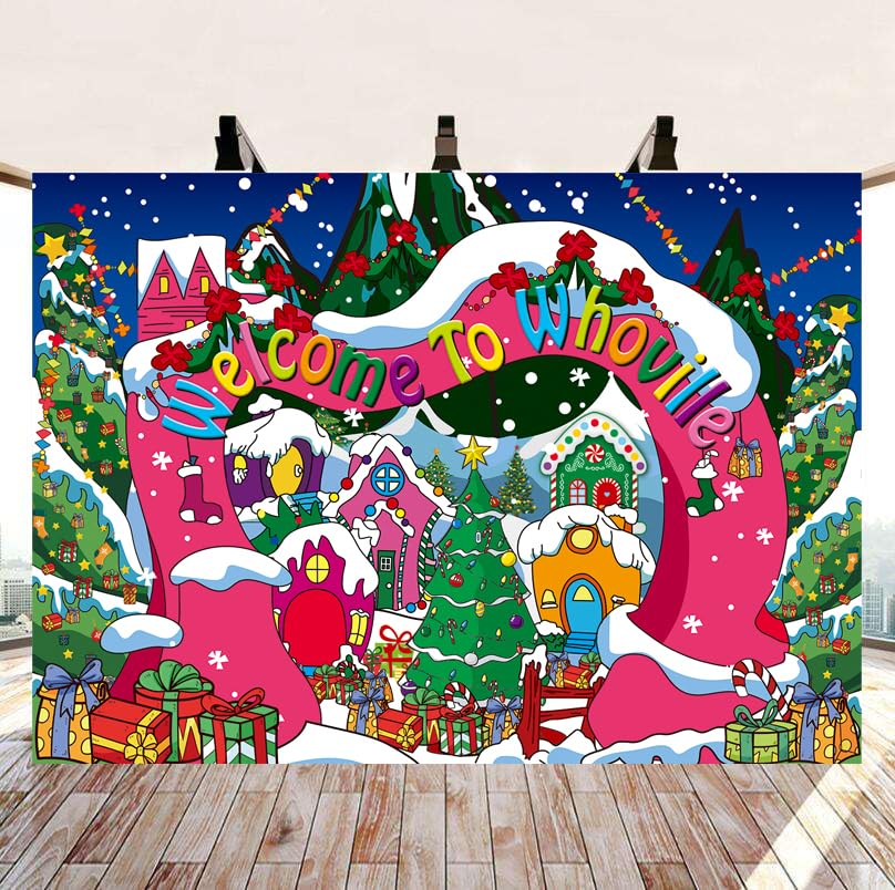Welcome to Whoville Backdrop 5x3FT Winter Christmas Village Decoration Background for Kids First Birthday Baby Shower Happy New Year Xmas Holiday Party Supplies Photo Booth Props - size: 5x3FT
