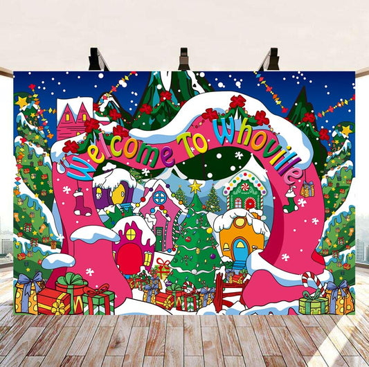 Welcome to Whoville Backdrop 10x8FT Winter Christmas Village Photography Background for Kids First Birthday Baby Shower Happy New Year Xmas Holiday Party Decoration Supplies Photo Props - size: 10x8FT