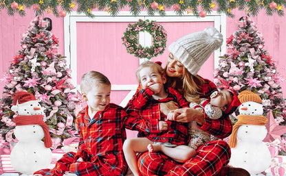 8 x 6 ft Christmas Photography Backdrop, Pink Xmas Tree Winter Snowing Christmas Hili Barn Door Photo Shoot Props Backround Party Banner Decoration - size: 8 x 6 ft