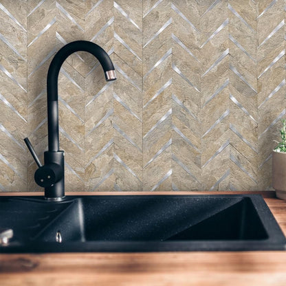 DICOFUN 10-Sheet Sandstone Look Herringbone Peel and Stick Backsplash for Kitchen, PVC Mixed Metal Gold Chevron Stick on Backsplash Wall Tiles - color: Sandstone and Metal Silver, size: 10 Sheets, 12"x12"x0.12"