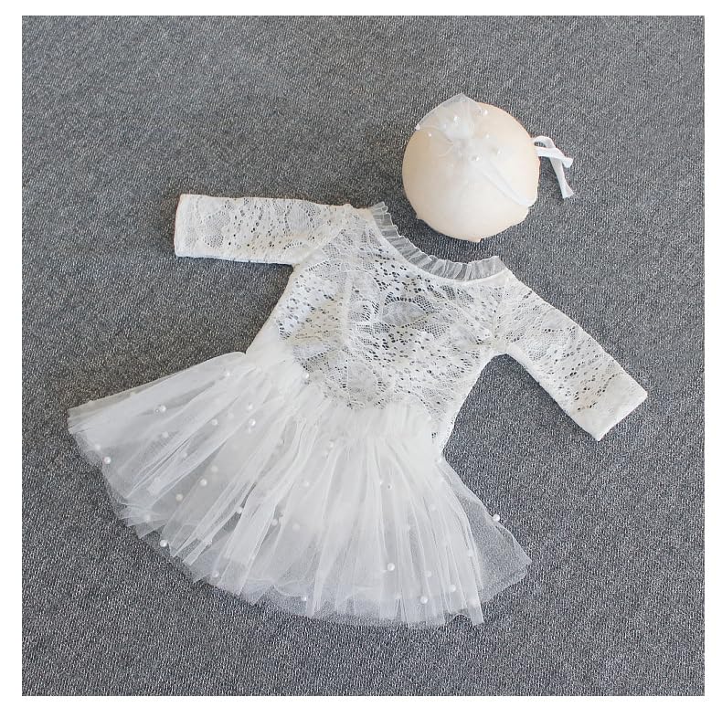 Newborn Lace Romper, 2 PCS Baby Girl Photography Props, Newborn Girl Photography Outfits with Flower Headband for Infants - color: White Long Sleeve