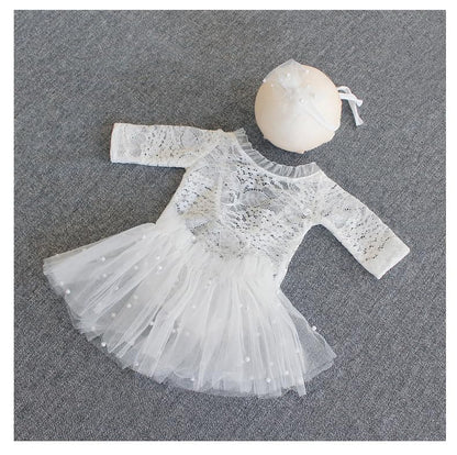 Newborn Lace Romper, 2 PCS Baby Girl Photography Props, Newborn Girl Photography Outfits with Flower Headband for Infants - color: White Long Sleeve
