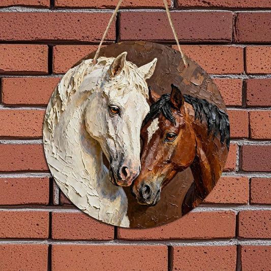 2D Flat, Oil Painting Style Horse Portrait – White & Brown Horses with Textured Brushstrokes – Elegant Decor for Living Room, Bedroom or As A Gift for Art Lovers - color: Brown, White, style: Modern