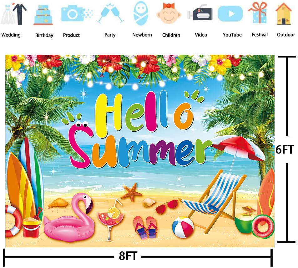 Hello Summer Backdrop Hawaiian Seaside Beach Photography Background Pool Party Background Hawaiian Tropical Themed Party Decorations Banner (8x6FT（240x180cm）) - size: 8x6FT（240x180cm）