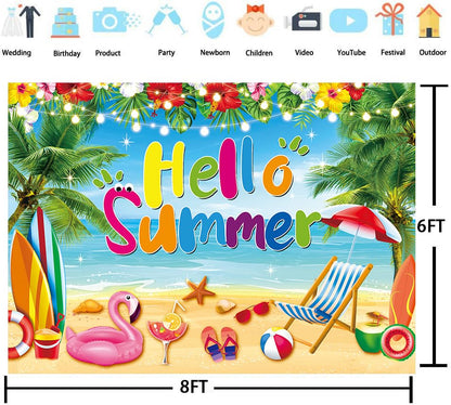 Hello Summer Backdrop Hawaiian Seaside Beach Photography Background Pool Party Background Hawaiian Tropical Themed Party Decorations Banner (8x6FT（240x180cm）) - size: 8x6FT（240x180cm）