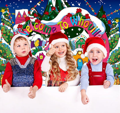 Welcome to Whoville Backdrop 8x6FT Winter Christmas Village Photography Background for Kids First Birthday Baby Shower Happy New Year Xmas Holiday Party Decoration Supplies Photo Props - size: 8x6FT