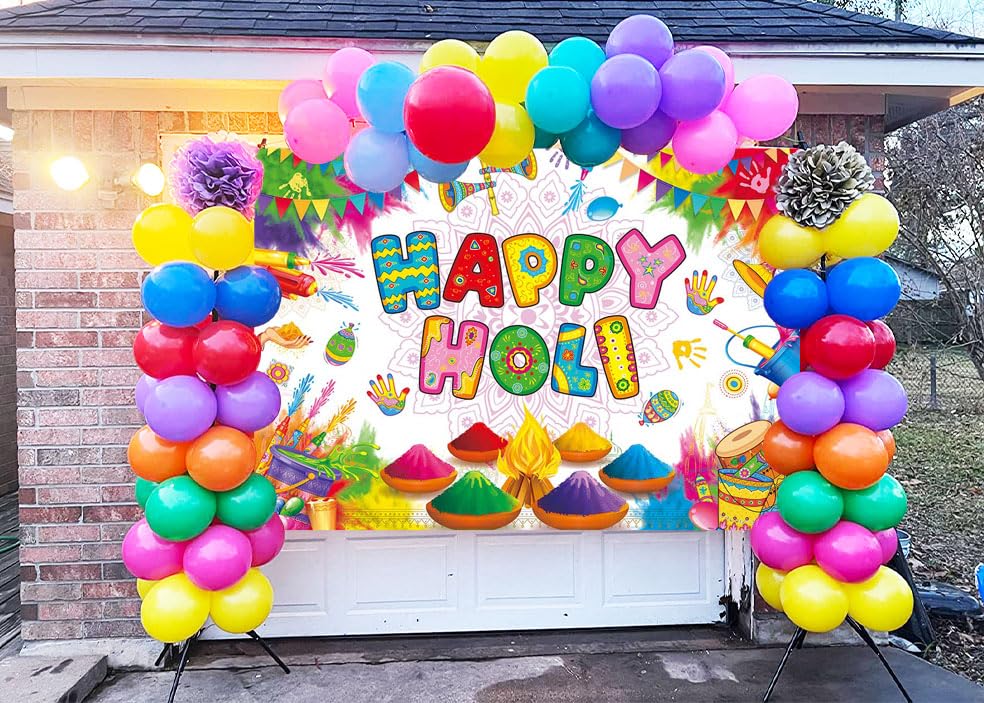 Happy Holi Backdrop Banner Indian Hindu Festival Party Photoshoot Background Colorful Hindu Holi Party Decorations Banner Booth Props (8x6FT(94 x 70 inch))