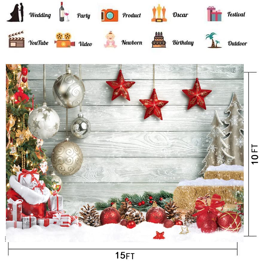 CHAIYA 15X10FT Christmas Backdrop White Christmas Wood Floor Photography Backdrop Winter Snow Xmas Tree Gift Family Party Photo Background New Year Party Decoration - size: 15′x10′