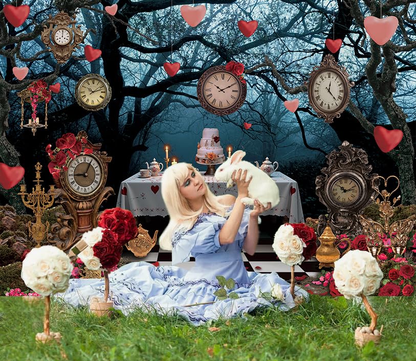 Wonderland Enchanted Forest Backdrop Rose Floral Pocket Watch Cake Table Checkerboard Tea Party Photography Background Kids Adult Birthday Baby Shower Halloween Party Decor Banner Photo Props (8x6FT)