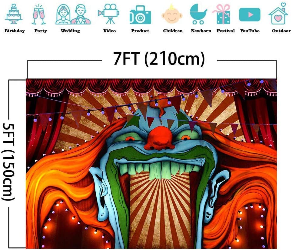 Scary Giant Clown Photography Backdrop Red White Stripe Carnival Photo Background Photo Booth Studio Props Supplies Horror Circus Haunted House 7x5ft Vinyl Halloween Party Banner Decorations - size: 7x5ft