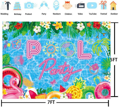 Pool Party Backdrop Summer Beach Ball Decorations Banner Tropical Palm Tree Flower Photography Background Birthday Swimming Party Decor Photo Booth Props (7x5FT（210x150cm）) - size: 7x5FT（210x150cm）