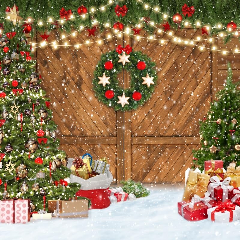 10x10ft Christmas Barn Door Backdrop for Photography Rustic Xmas Trees Wood Plank Photo Backdrop Snow Winter Holiday Backdrops Decorations for Party Supplies Photo Prop