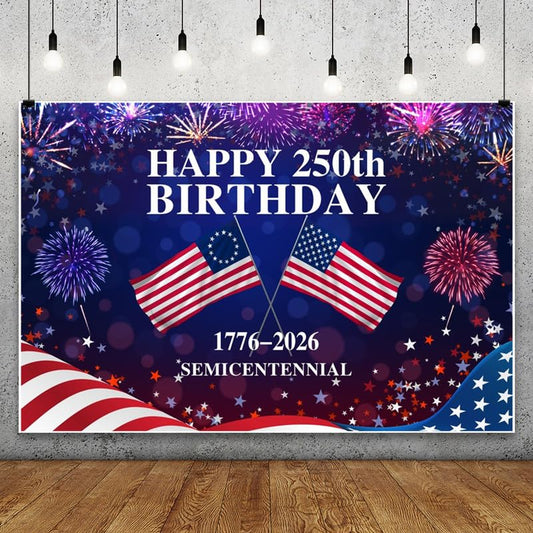 4th of July Backdrop Decorations Independence Day Backdrop 250 Anniversary USA Flag Banner 5x3ft 250th Birthday Fireworks Semiquincentennial Photography Background Photo Studio Props - color: Blue and Red, size: 5x3ft