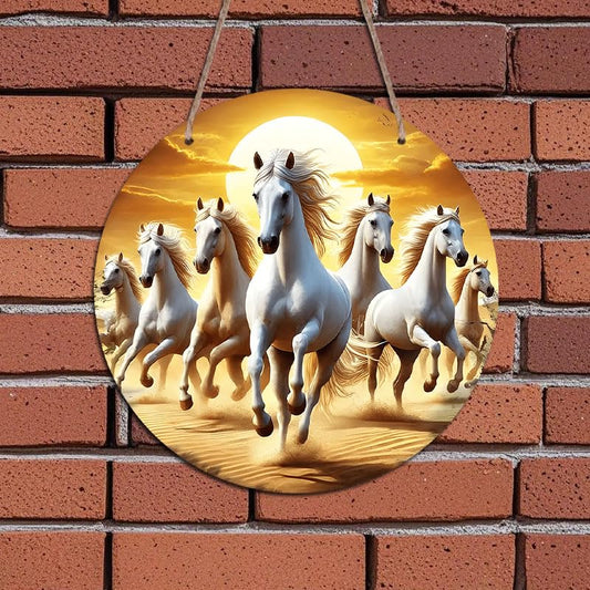 2D Flat, Running White Horses at Sunset – Golden Sky & Moon Background – Dynamic and Majestic Wall Art for Home, Office or As A Gift for Nature Lovers - color: White, style: Modern