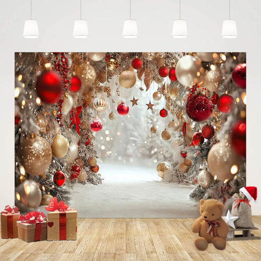 8x6ft Winter Christmas Backdrop for Photography Red Bell Glitter Snowflake Snow White Pearl Photography Background Holiday Kid Family Portrait Xmas Tree Banner Photo Booth Studio Props