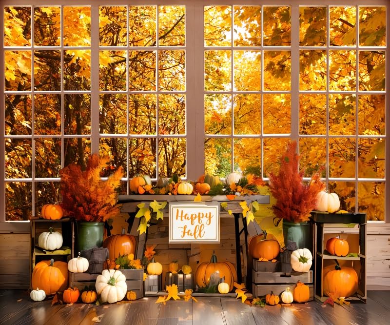 Fall Thanksgiving Backdrop for Photography 10x8ft Autumn Forest Window Pumpkin Harvest Maple Leaves Photo Backdrop Thanksgiving Friendsgiving Party Decor Kids Adult Portrait Photo Booth Props