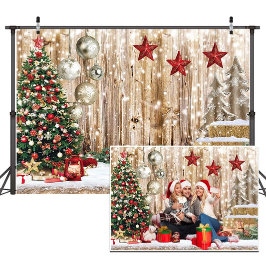 12x10Ft Christmas Backdrop Xmas Tree Gift Snow Vintage Wooden Floor Backdrop New Year Party Background Christmas House Party Background D679 - size: 12x10ft