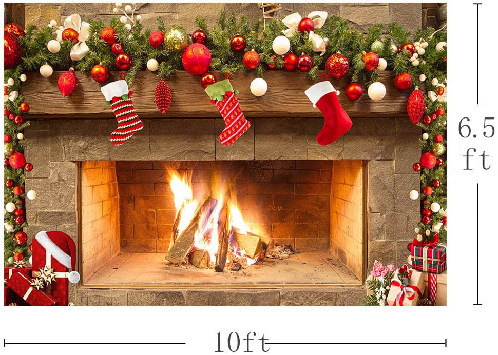 Mocsicka Christmas Fireplace Theme Backdrop for Photography Xmas Tree Sock Gift Family Party Decorations Wallpaper Winter Christmas Birthday Holiday Banner Studio Booth (10x6.5ft) - size: 10x6.5ft