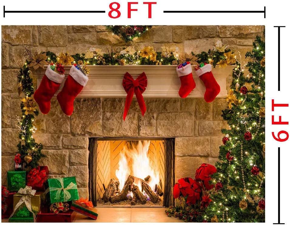 8x6ft Fireplace Holiday Photography Backdrop Photo Booths Studio Props Vinyl Christmas Stocking Tree Photo Background Winter Xmas Birthday Party Decorations Baby Shower Supplies - size: 8x6ft