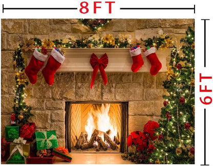 8x6ft Fireplace Holiday Photography Backdrop Photo Booths Studio Props Vinyl Christmas Stocking Tree Photo Background Winter Xmas Birthday Party Decorations Baby Shower Supplies - size: 8x6ft