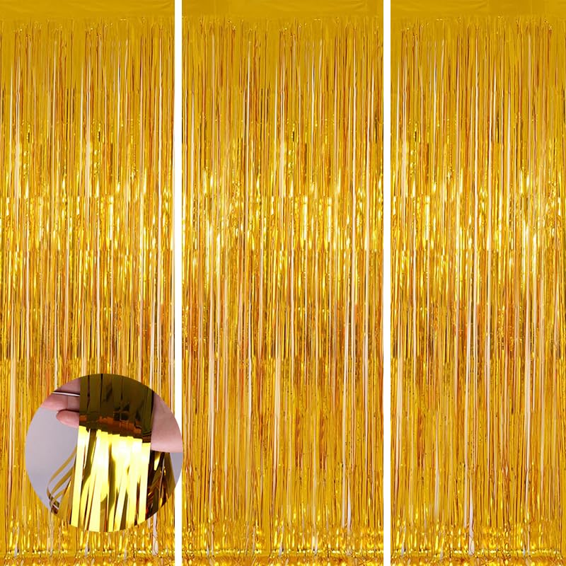Valentines Day 3 Pack 3.3 * 8.3 ft Foil Curtain Metallic Tinsel Fringe Curtains Photo Booth Props Backdrop for Birthday Wedding Engagement Baby Shower Christmas Holiday Celebration Partyl,Gold - color: Gold, size: 3 Pack