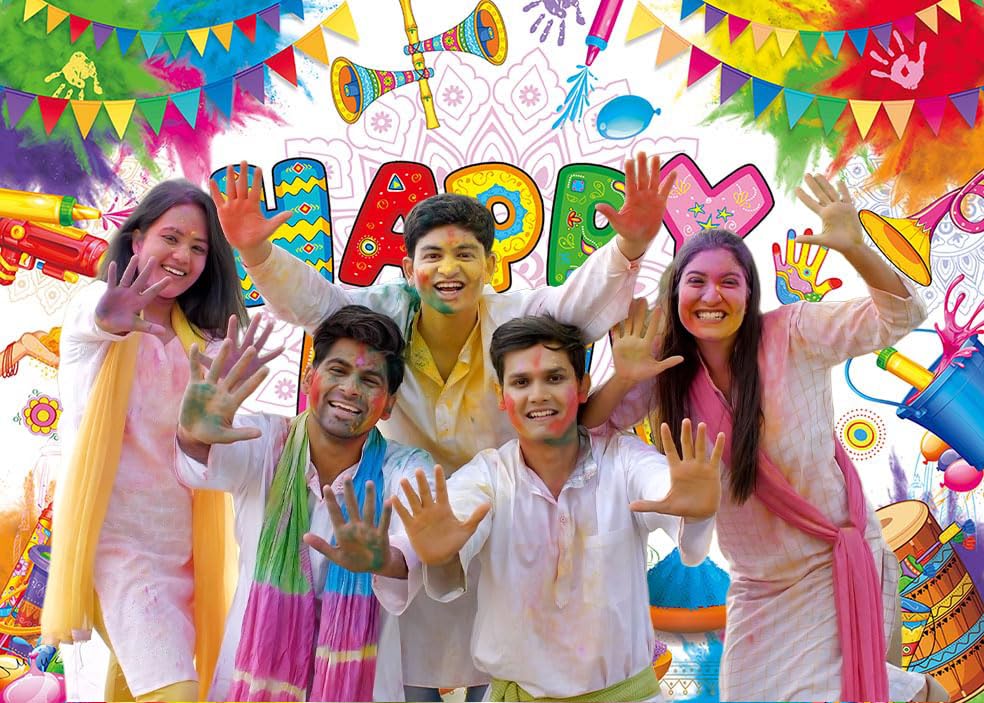 Happy Holi Backdrop Banner Indian Hindu Festival Party Photoshoot Background Colorful Hindu Holi Party Decorations Banner Booth Props (8x6FT(94 x 70 inch))