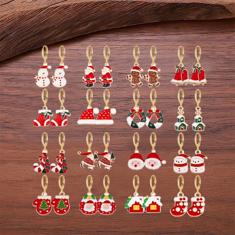 16 Pairs Christmas Reindeer Santa Hoop Earrings for Women Unique Winter Xmas Tree Snowflake Bow Bell Snowman Penguin Earrings Christmas New Year Jewelry Gifts - style: Snowman