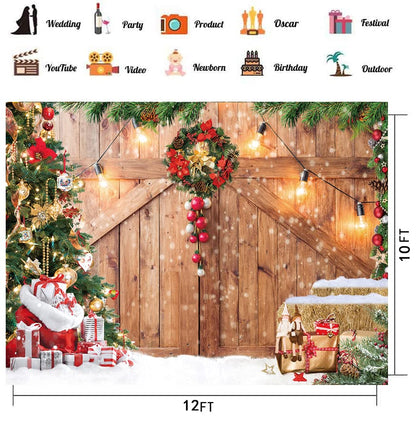 CHAIYA 12x10ft Rustic Christmas Barn Wood Door Backdrop for Photography Xmas Tree Snow Gift Wall Floor Party Photo Background Winter Holiday Family Supplies Banner - size: 12′x10′