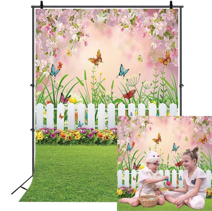 INRUI Spring Easter Garden Photography Backdrop Green Grass Lawn Floral Butterfly Fence Baby Shower Birthday Party Decorations Banner (6x8FT) - size: 6x8FT