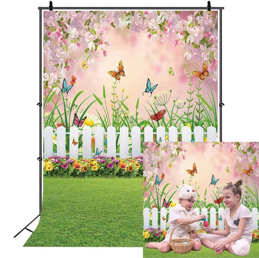 INRUI Spring Easter Garden Photography Backdrop Green Grass Lawn Floral Butterfly Fence Baby Shower Birthday Party Decorations Banner (6x8FT) - size: 6x8FT