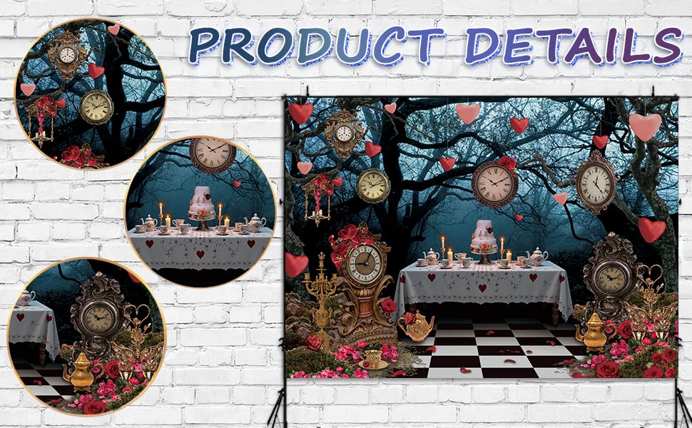 Wonderland Enchanted Forest Backdrop Rose Floral Pocket Watch Cake Table Checkerboard Tea Party Photography Background Kids Adult Birthday Baby Shower Halloween Party Decor Banner Photo Props (8x6FT)