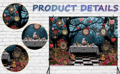 Wonderland Enchanted Forest Backdrop Rose Floral Pocket Watch Cake Table Checkerboard Tea Party Photography Background Kids Adult Birthday Baby Shower Halloween Party Decor Banner Photo Props (8x6FT)