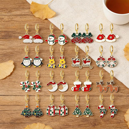 16 Pairs Christmas Reindeer Santa Hoop Earrings for Women Unique Winter Xmas Tree Snowflake Bow Bell Snowman Penguin Earrings Christmas New Year Jewelry Gifts - style: Gift