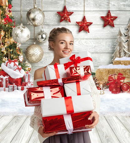 CHAIYA 5X7FT Christmas Backdrop White Wood Floor Photography Backdrop Winter Snow Xmas Tree Gift Family Party Background New Year Party Decoration Backdrop - size: 5′x7′