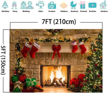 Fireplace Holiday Photography Backdrop Photo Booths Studio Props Vinyl 7x5ft Christmas Stocking Tree Photo Background Winter Xmas Birthday Party Decorations Baby Shower Supplies - size: 7x5ft