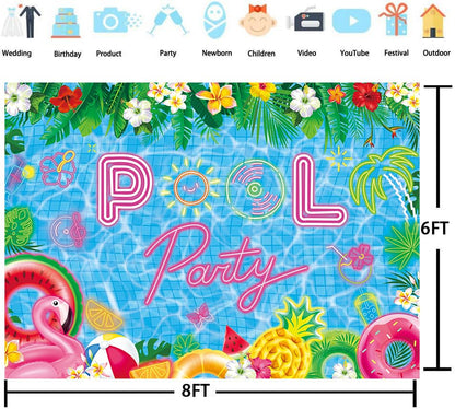 Pool Party Backdrop Summer Beach Ball Decorations Banner Tropical Palm Tree Flower Photography Background Birthday Swimming Party Decor Photo Booth Props (8x6FT（240x180cm）) - size: 8x6FT（240x180cm）