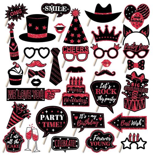 36 PCS Birthday Photo Booth Props Party Supplies Holiday Picture Decorations Photo Booth Props for Birthday Party Favors Pose Sign Kit Fun for Party (Red) - color: Red